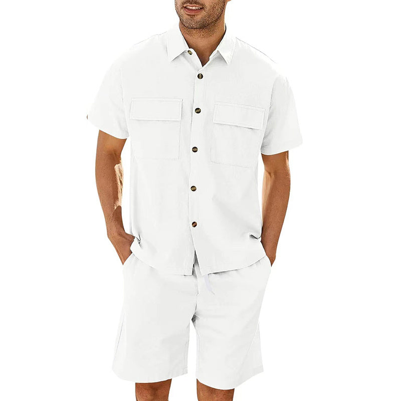 Summer Suits Men Short Sleeve Lapel Pockets Shirt And Drawstring Shorts Sports Fashion Leisure Men's Clothing