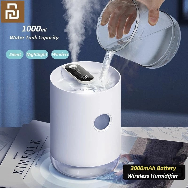 1L Portable Wireless USB Air Humidifier with LED Night Light and Battery Life Display