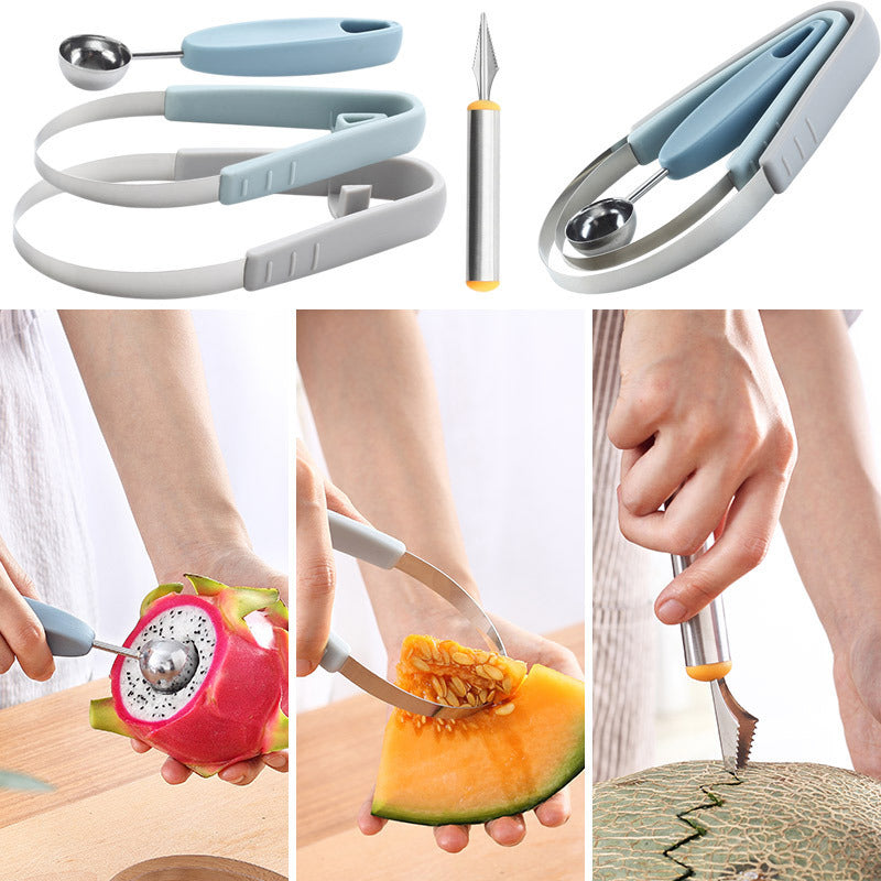 3 in 1 Fruit Carving Cutter Ball Digger DIY Kiwi Knife Watermelon Fruit Scoop Ice Cream Spoon Pastry Decor Tool