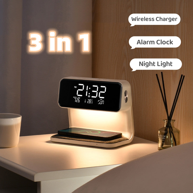 3-in-1 Creative Bedside Lamp: Wireless Charging, LCD Screen Alarm Clock, and Phone Charger