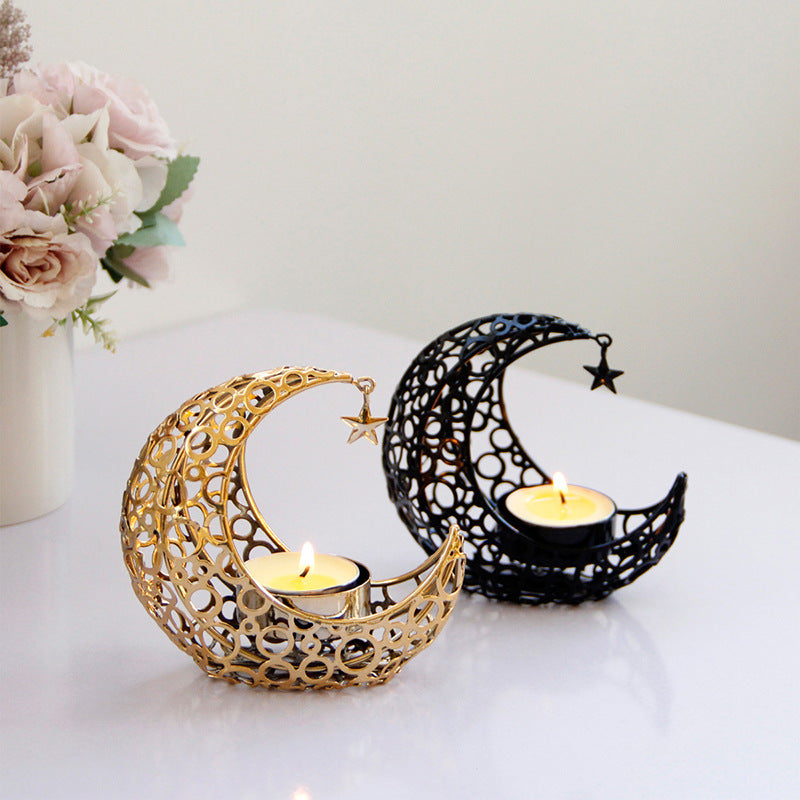 Modern Romantic Crescent Moon and Star Metal Candle Holder - Light Luxury Home Decor
