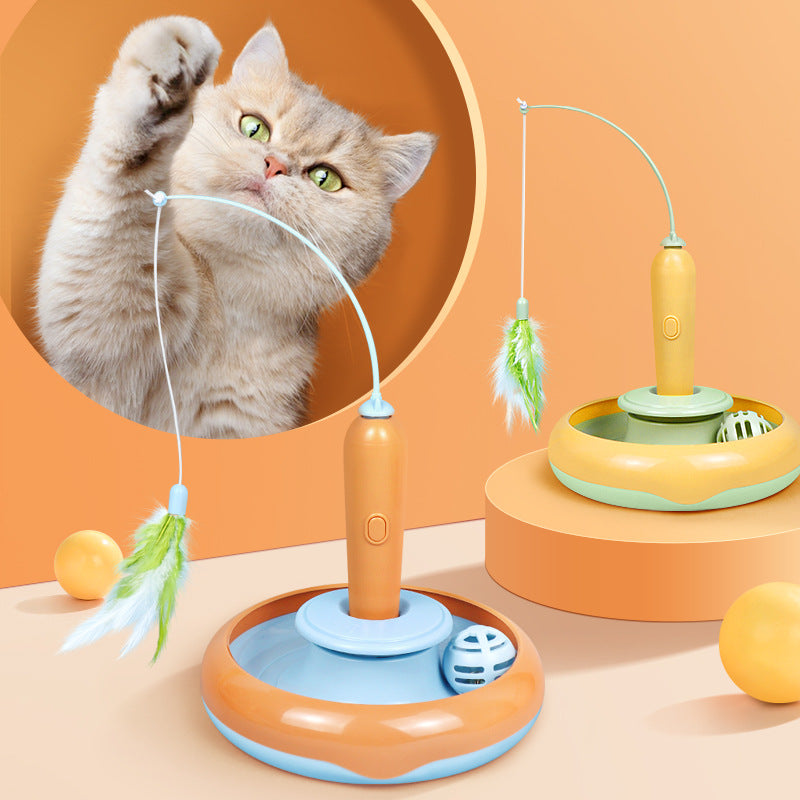 2-in-1 Pet Cat Toy with Feather for Self-Play - Interactive Turntable Toy for Cats