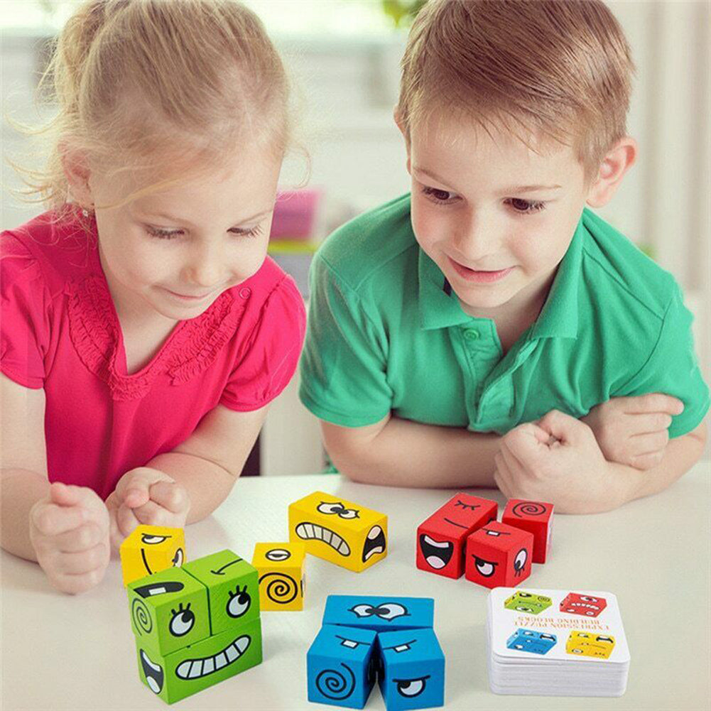 Wooden Magic Cube Face Pattern Building Blocks Educational Montessori Toys Wooden Matching Block Puzzles - Minihomy