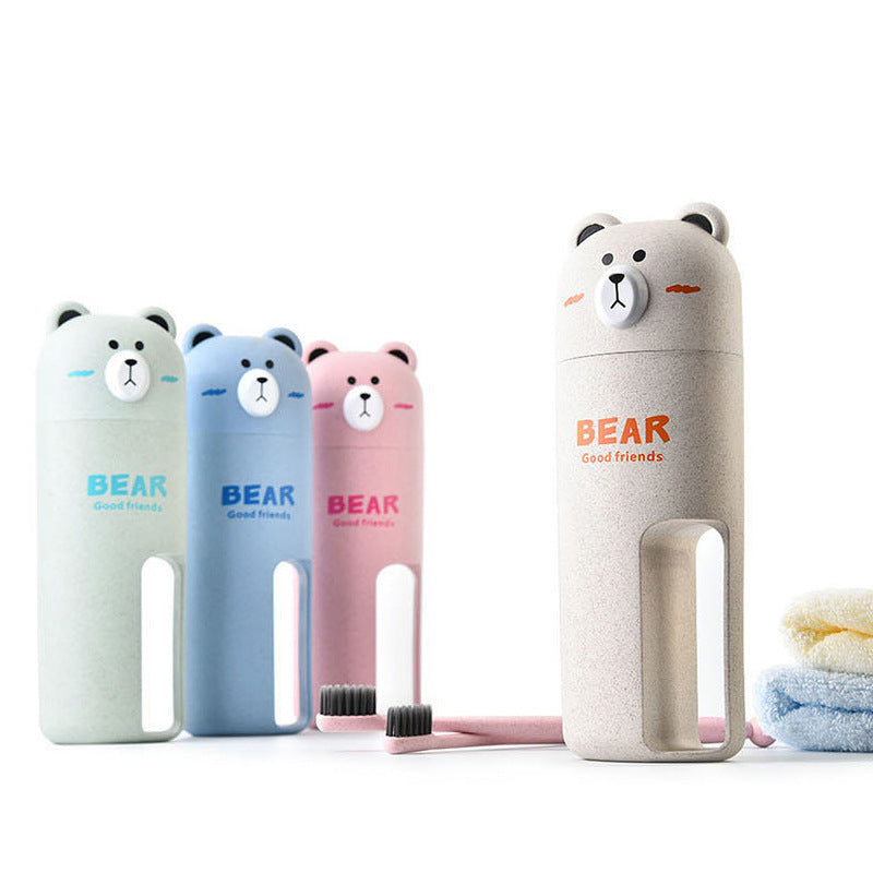 Cartoon Bear Wheat Fiber Travel Mouthwash Cup With Toothbrush Set