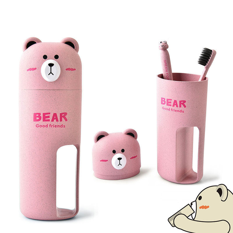 Cartoon Bear Wheat Fiber Travel Mouthwash Cup With Toothbrush Set