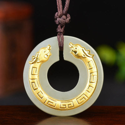 Factory direct Hotan Jade Pendant Ping An Buckle Gold Inlaid Jade Double Dragon Jade Pendant Gift Wholesale