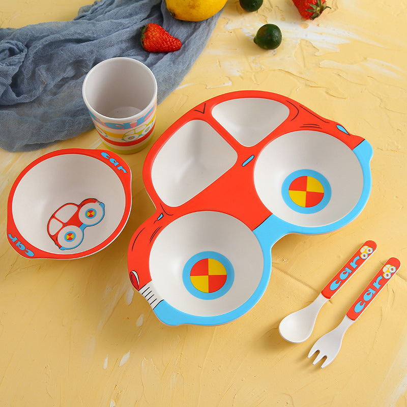 Children'S Bamboo Fiber Tableware Kindergarten Children'S Eating Grid Plate Household Cartoon Bowl Spoon Fork Cup Set