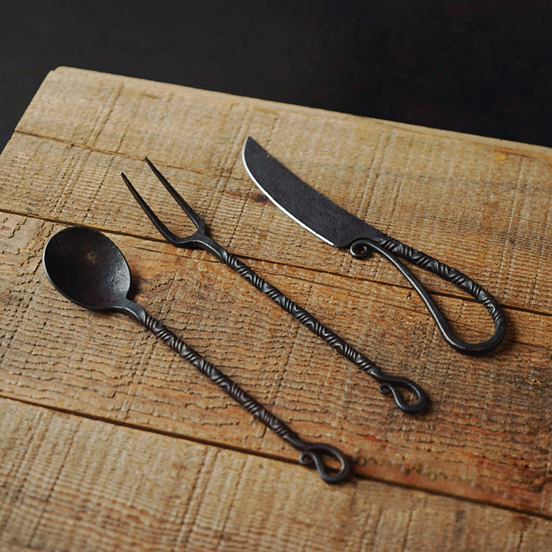 Three-Piece Set Of Hand-Forged And Twisted Vintage Tableware