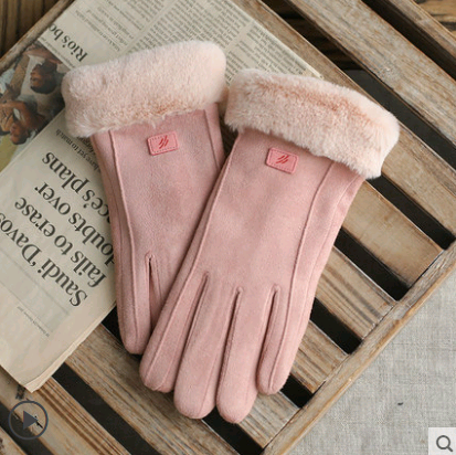 Gloves Female Autumn and Winter Warm Korean Version Plus Velvet Thick five Fingers Retro Suede Touch Screen Gloves Cute Driving - Minihomy