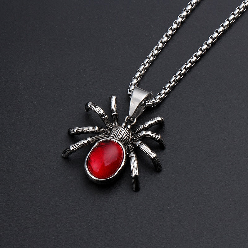 Mens Punk Vintage Retro Black Widow Spider Pendant Necklace Gothic Red Large Crystal Male Biker Goth Jewelry Necklace Men - Minihomy