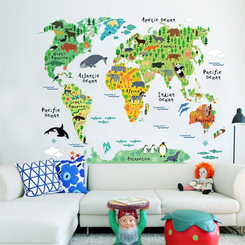 animal world map wall stickers for kids rooms living room home decorations decal mural art diy office wall art