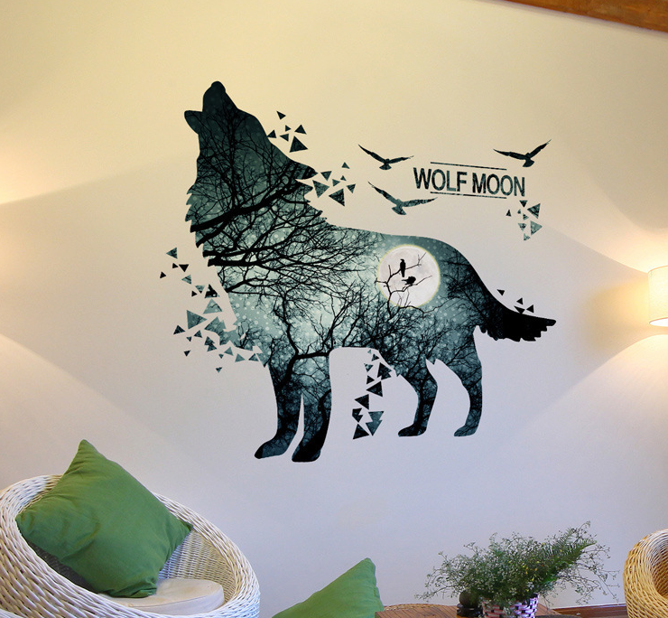 Wolf Moon Wall Stickers PVC Material DIY Forest Tree Branch Birds Wall Poster for Kids Rooms Decoration Mural Art