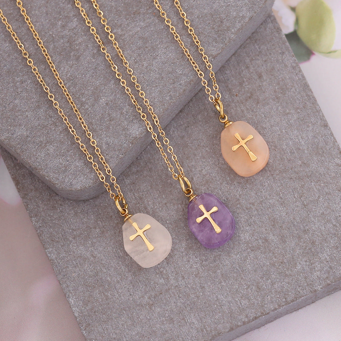 Women's Metal Natural Stone Cross Necklace