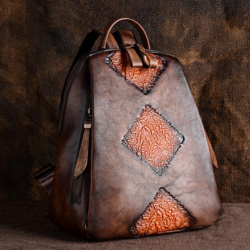 First Layer Cowhide Hand Rubbed Color Embossed Shoulder Ladies Backpack