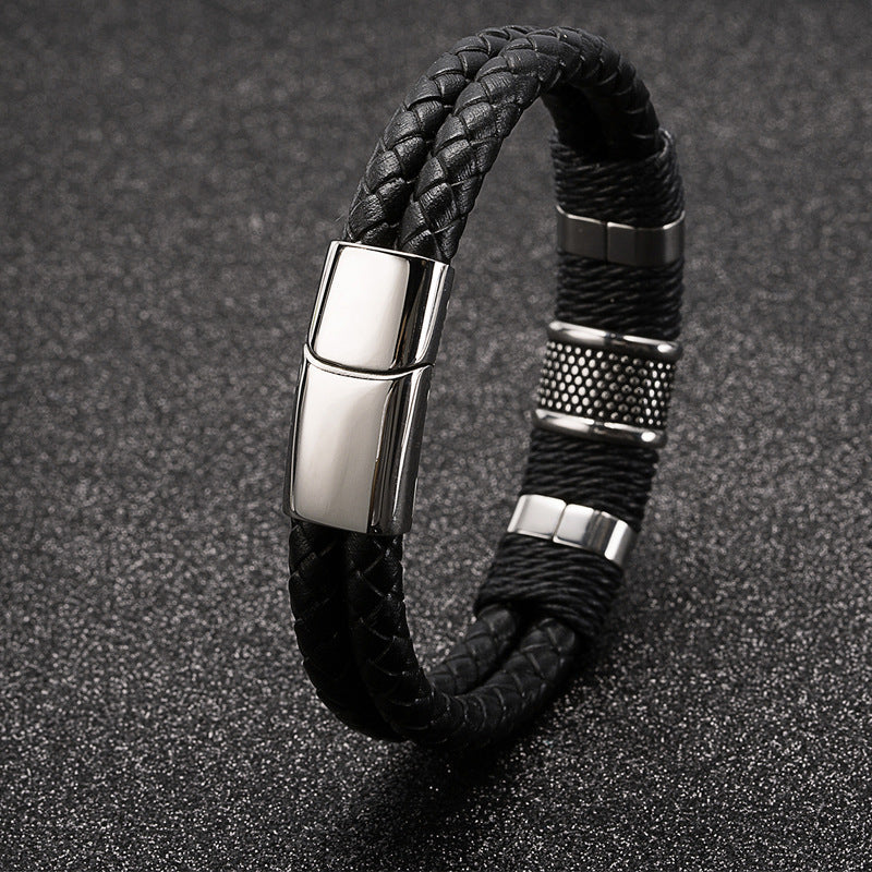 Men's Layered Leather Woven Bracelet