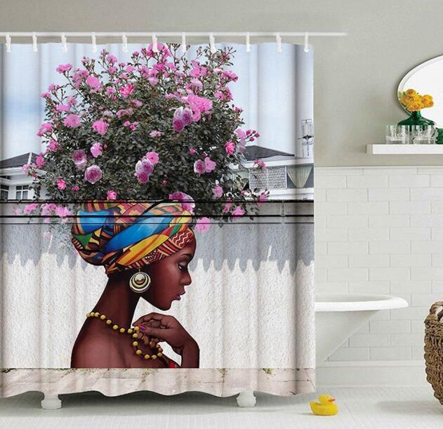 Art Design Graffiti Art Hip Hop African Girl with Black Hair Big Earring with Modern Building Shower Curtain for Bathroom Decor - Minihomy