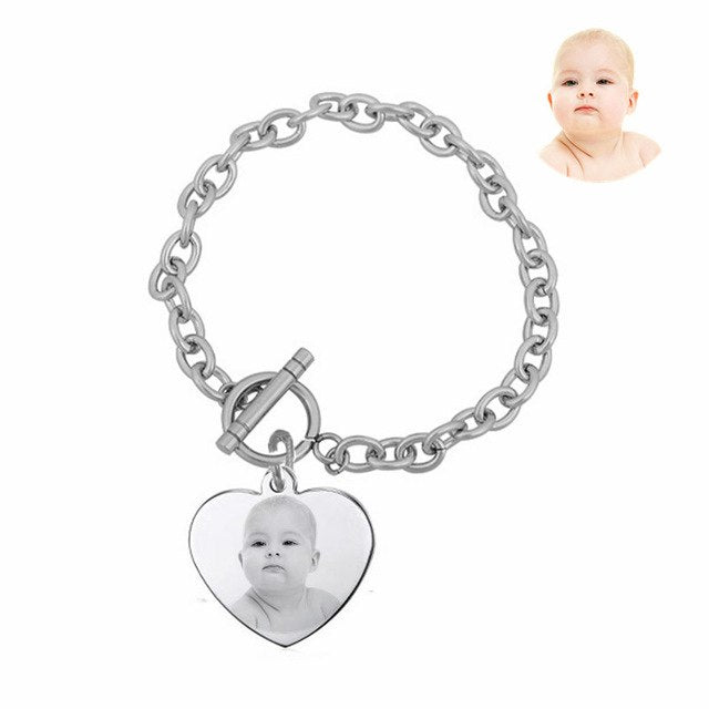 Photo Name Engraved Heart Charm Bracelet For Female Mama Grandma
