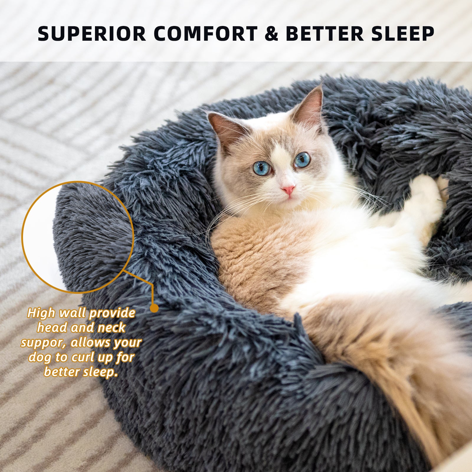 Pet Beds Anti Anxiety Fluffy With Anti-Slip & Water-Resistant Bottom Washable Calming