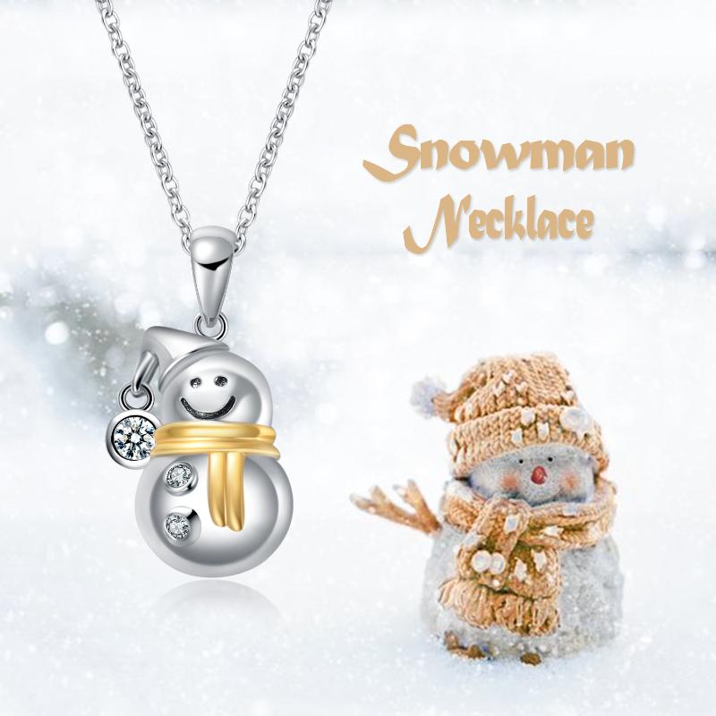 Sterling Silver Snowman Necklace with White Crystal Christmas Jewelry Gift for Women