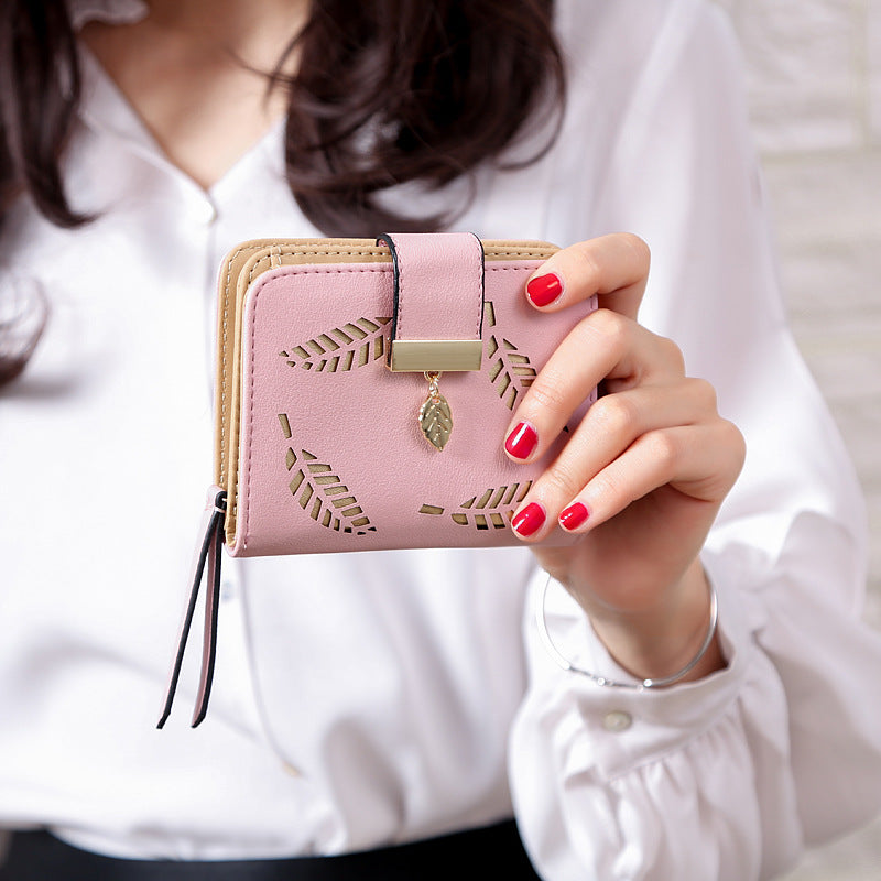 Korean Women's Wallet Short Hollow Clutch Bag Leaf Zipper Buckle Bills Card Pack