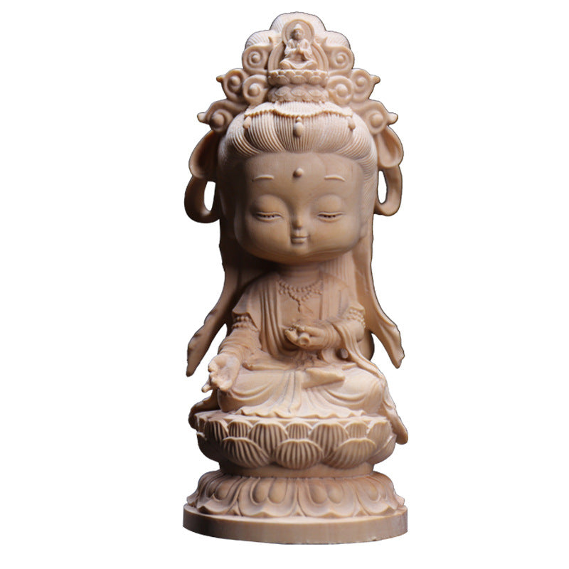 Boxwood Carving Cute Guanyin Ornaments Buddha Statues Hand-carved Crafts