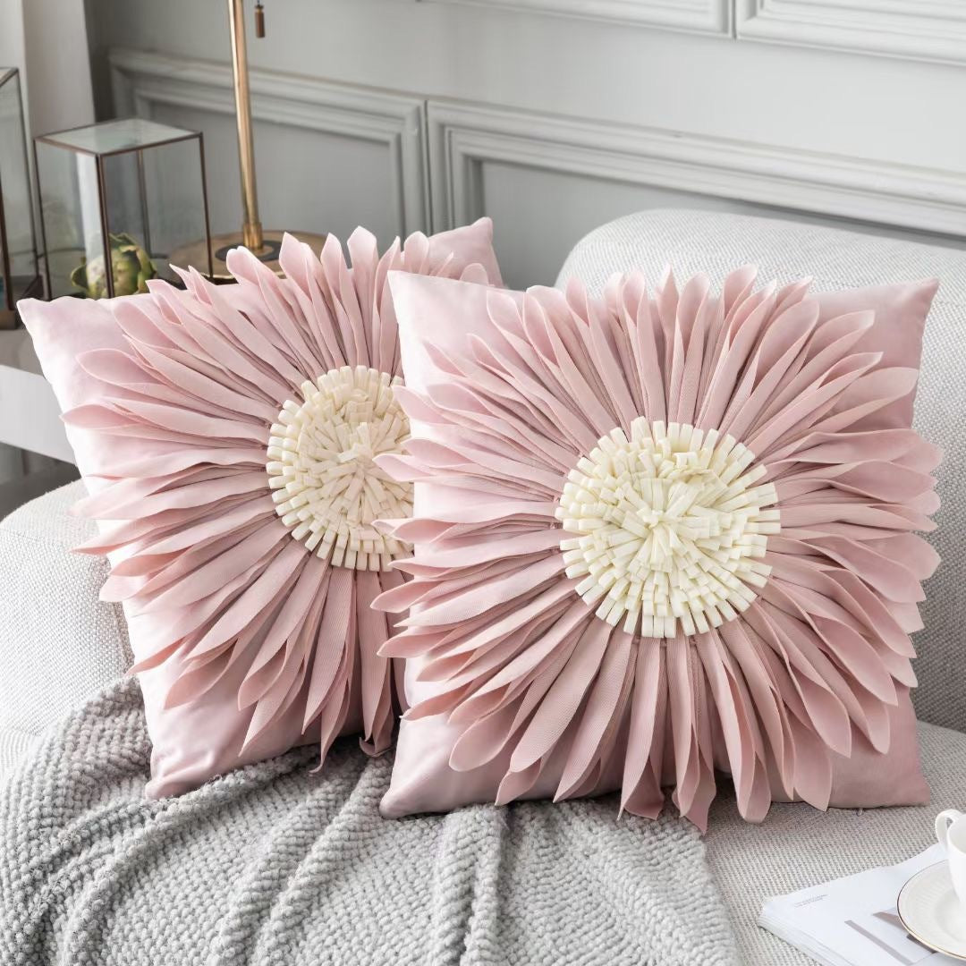 Modern Style White Throw Pillows Velvet Stitching 3D Chrysanthemum Cushion Waist Pillow Blue Cushion Case