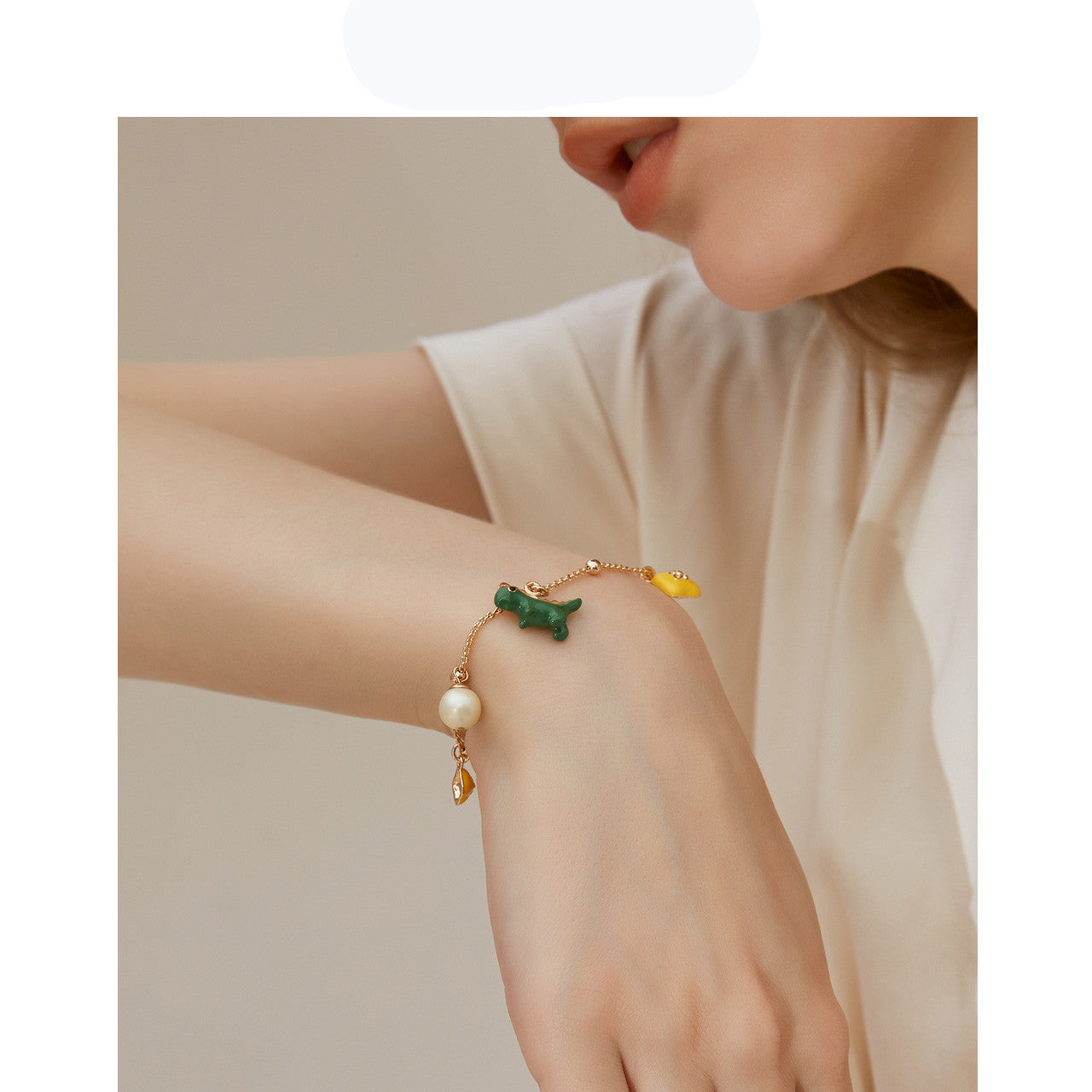 Handmade Pearl Cute Little Dinosaur Flower Bracelet Jewelry