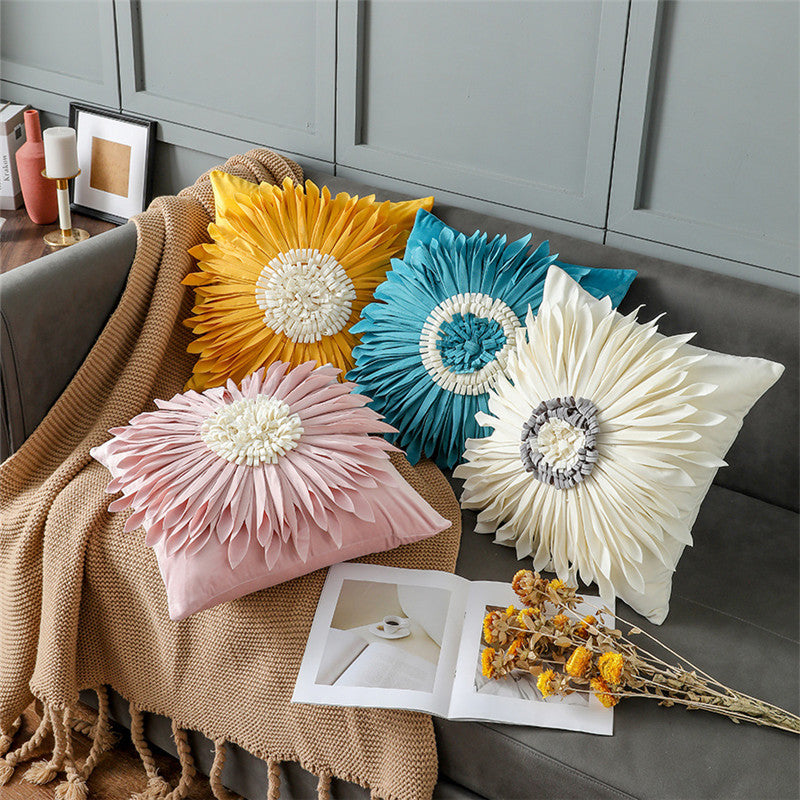 Modern Style White Throw Pillows Velvet Stitching 3D Chrysanthemum Cushion Waist Pillow Blue Cushion Case